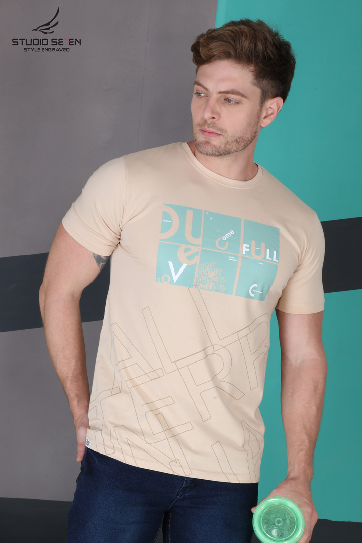 Dark Cream Color - Men solid Cotton Lycra Bio-Wash Lifestyle T-shirt