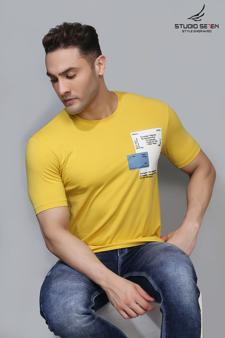 Yellow Color - Men solid Cotton Lycra Bio-Wash Lifestyle T-shirt