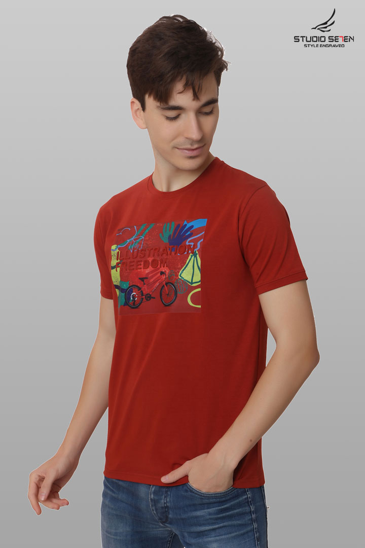 Rust Red - Men Solid Lycra Bio-Wash Lifestyle T-shirt